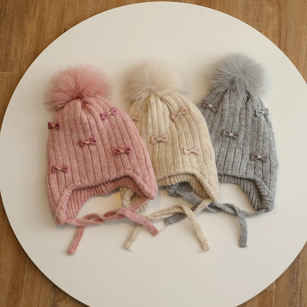 Warm Winter Hat for Girls | Cute Kids Bonnet with Pompom & Bows
