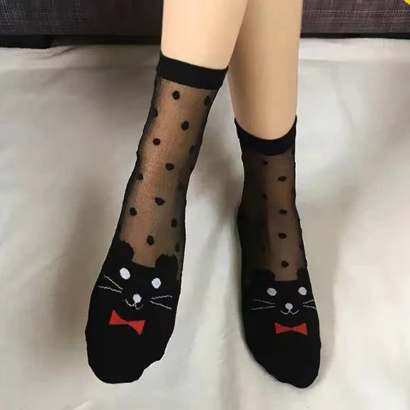 3 Pairs Women's Cat Lace Silk Socks | Thin Cartoon Design Socks
