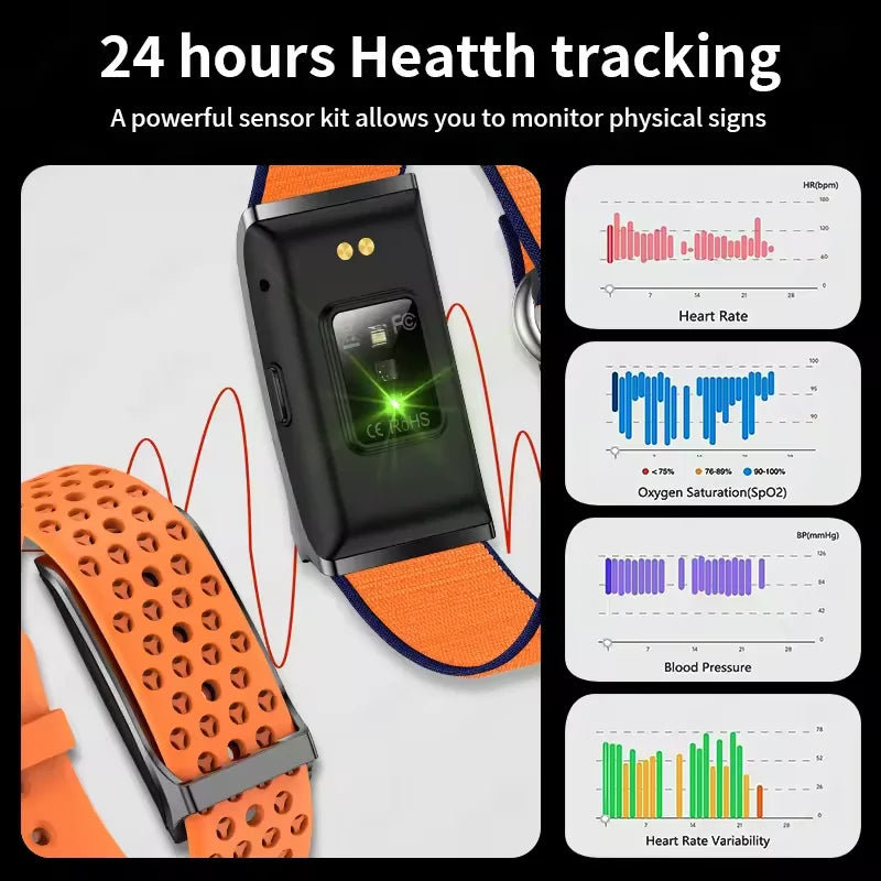 Health tracking device with an orange strap and sensor kit on a white background