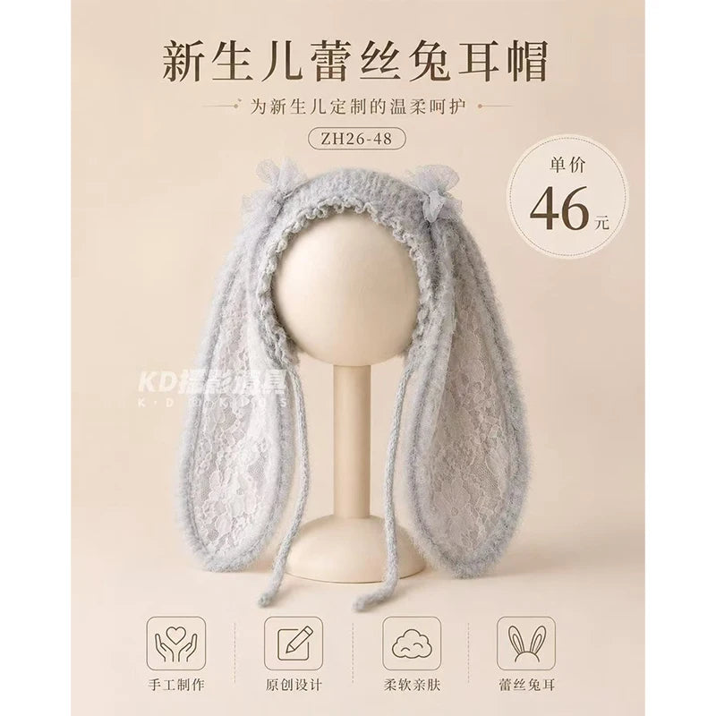 Newborn Photography Bunny Ear Hat Baby Crochet Rabbit Bonnet Soft Lace Knit Cap Infant Photo Props for Baby Boy Girl Photoshoot