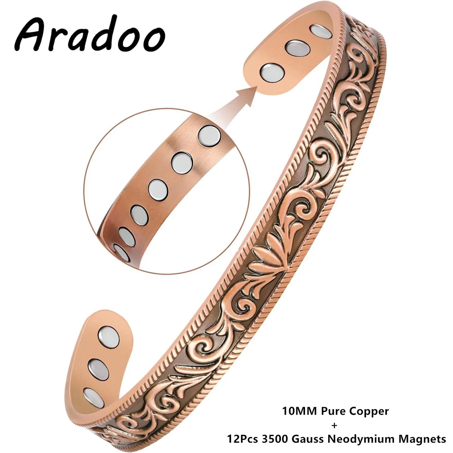 Vintage Floral Pure Copper Cuff Bracelet | Magnetic Therapy Bangle