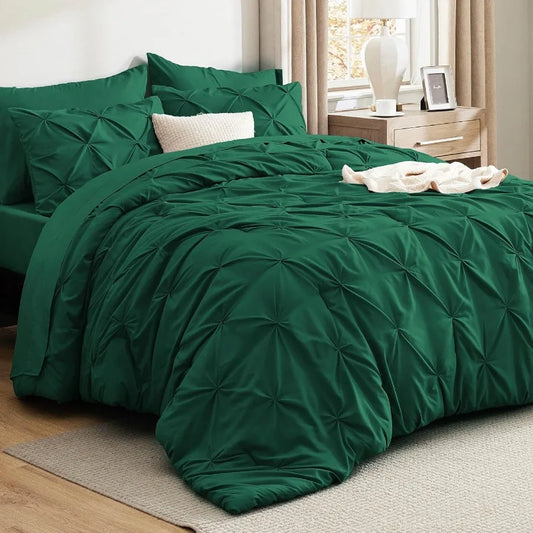 Full Size Dark Green Comforter Set — 7-Piece Pintuck Bed-in-a-Bag with Sheets & Pillowcases, All-Season Cozy Bedding
