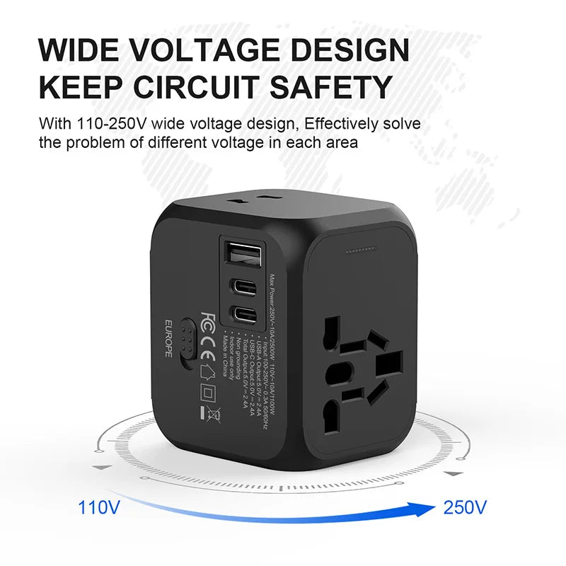 Universal Travel Adapter with USB-C & USB-A | Worldwide Compatibility
