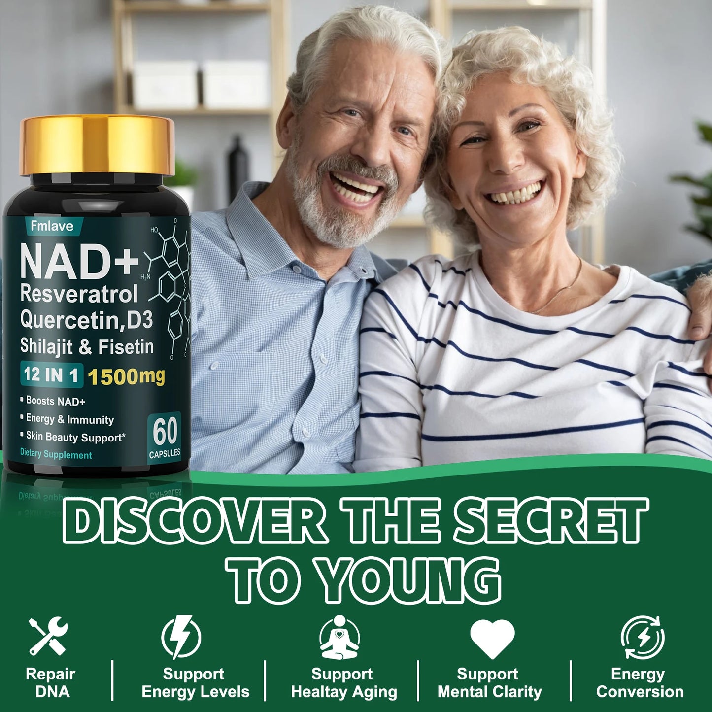 Fmlave NAD+ Resveratrol, Shilajit & Fisetin, Quercetin, D3,  – 12-in-1  Enhance Cellular Vitality and  Energy, Immunity & Skin Beauty  60 Capsules