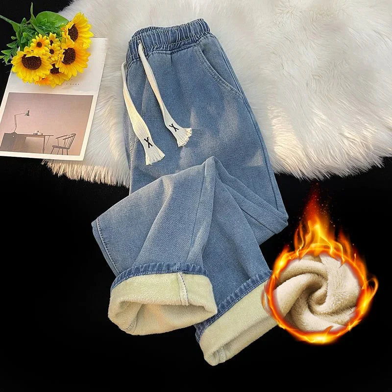 Thick Winter Men's Fleece Jeans | Warm Loose Plush Trousers