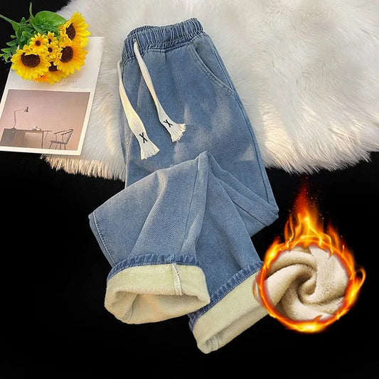 Thick Winter Men's Fleece Jeans | Warm Loose Plush Trousers