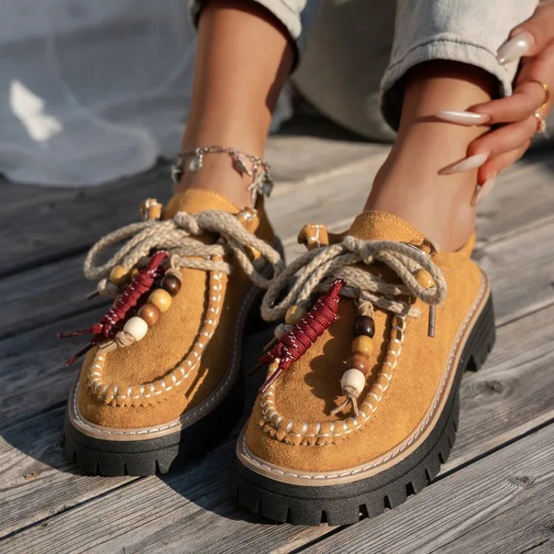 Women's Lace-Up Retro Bead Sneakers | Stylish Flat Shoes