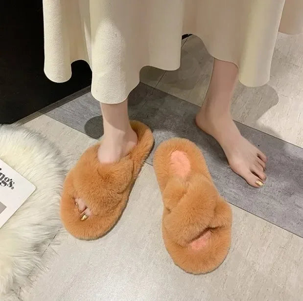 Cozy Double Fur Cross-Strap Plush Slippers | Warm Indoor Footwear