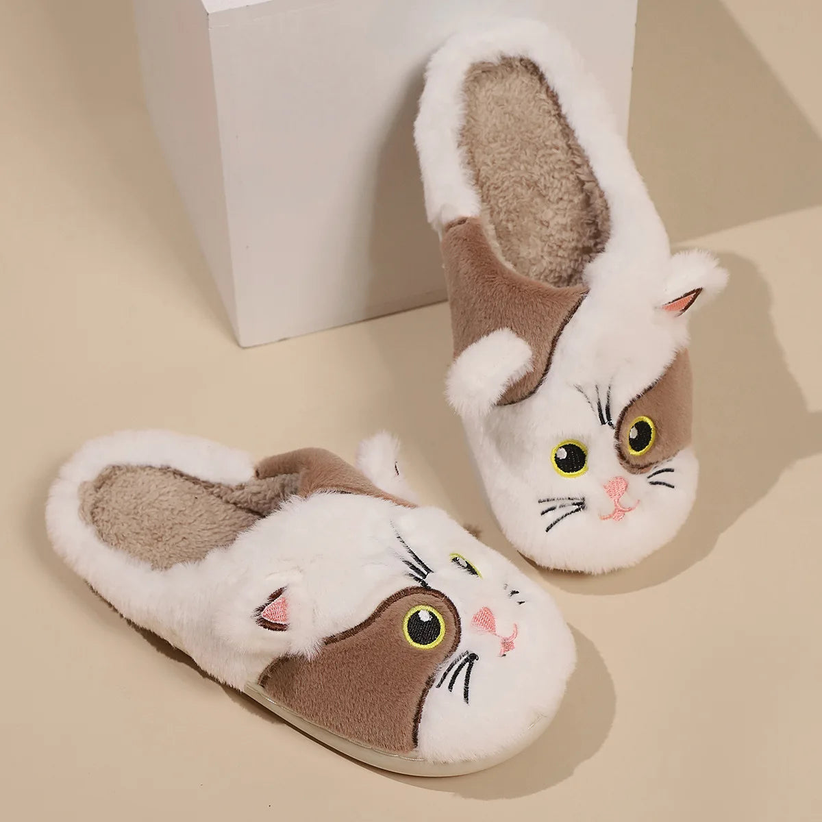 Kawaii Cat Plush Slippers for Women | Cozy Winter Home Shoes