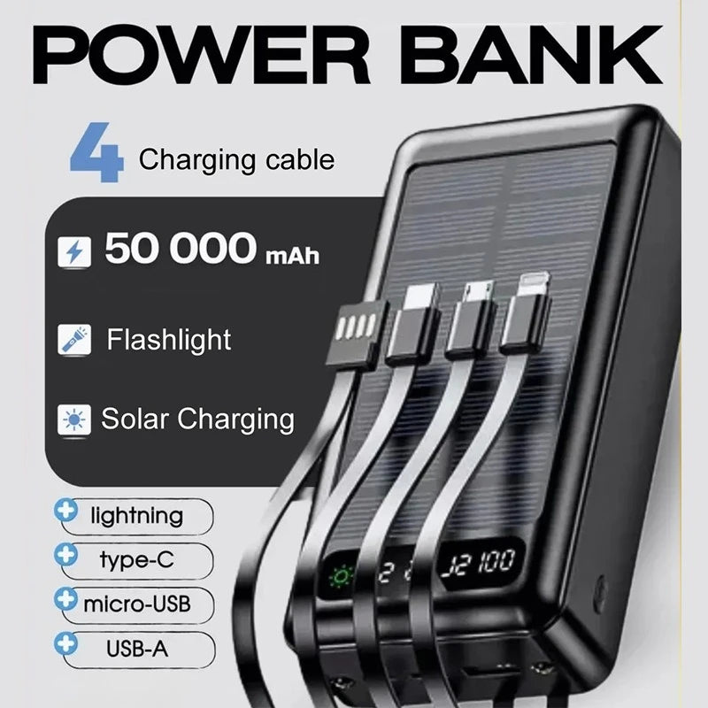 50000mAh Solar Power Bank with Built-In Cables for Outdoor Trips