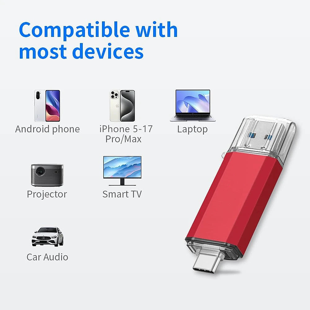 Red USB-C device with compatibility icons for various devices on a white background