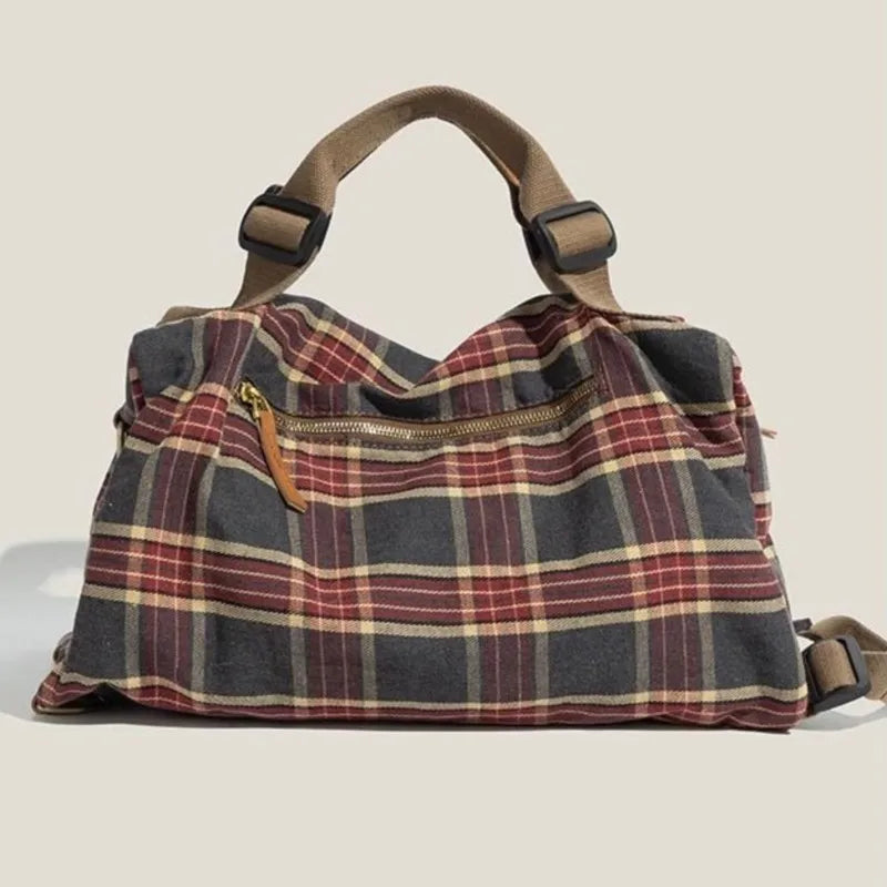 Large Capacity Burgundy Plaid Handbag | Convertible Shoulder Backpack