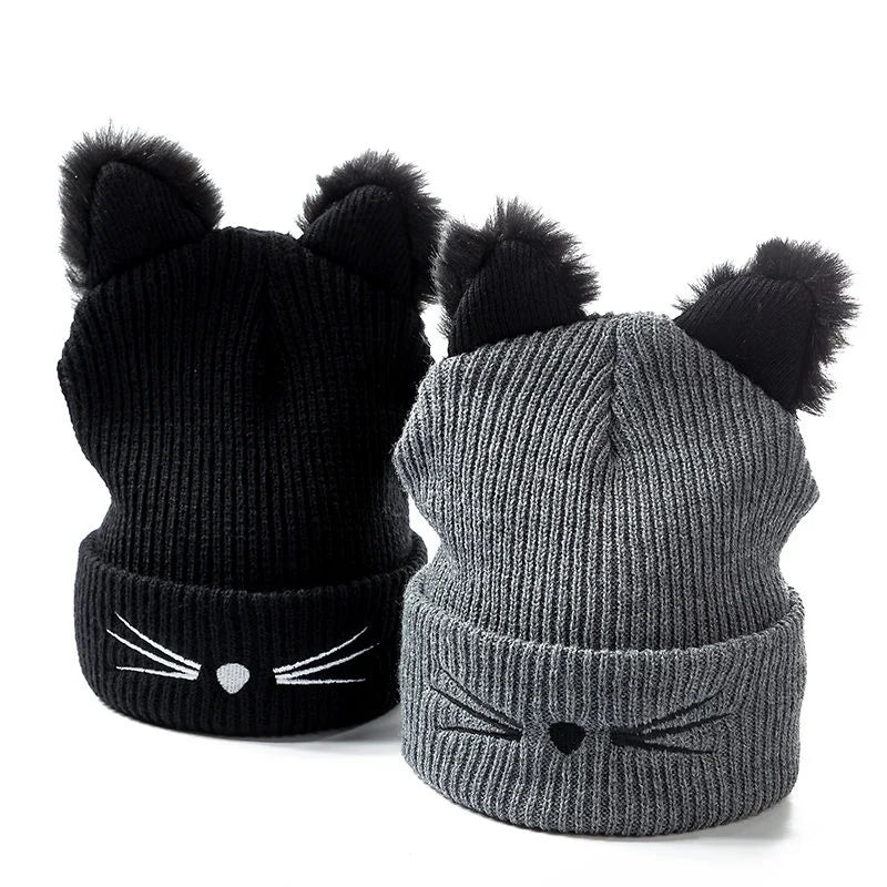 Women's Cute Cat Ear Beanie Hat | Warm Acrylic Knit Winter Skull Cap