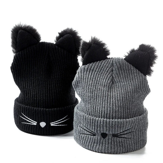 Women's Cute Cat Ear Beanie Hat | Warm Acrylic Knit Winter Skull Cap