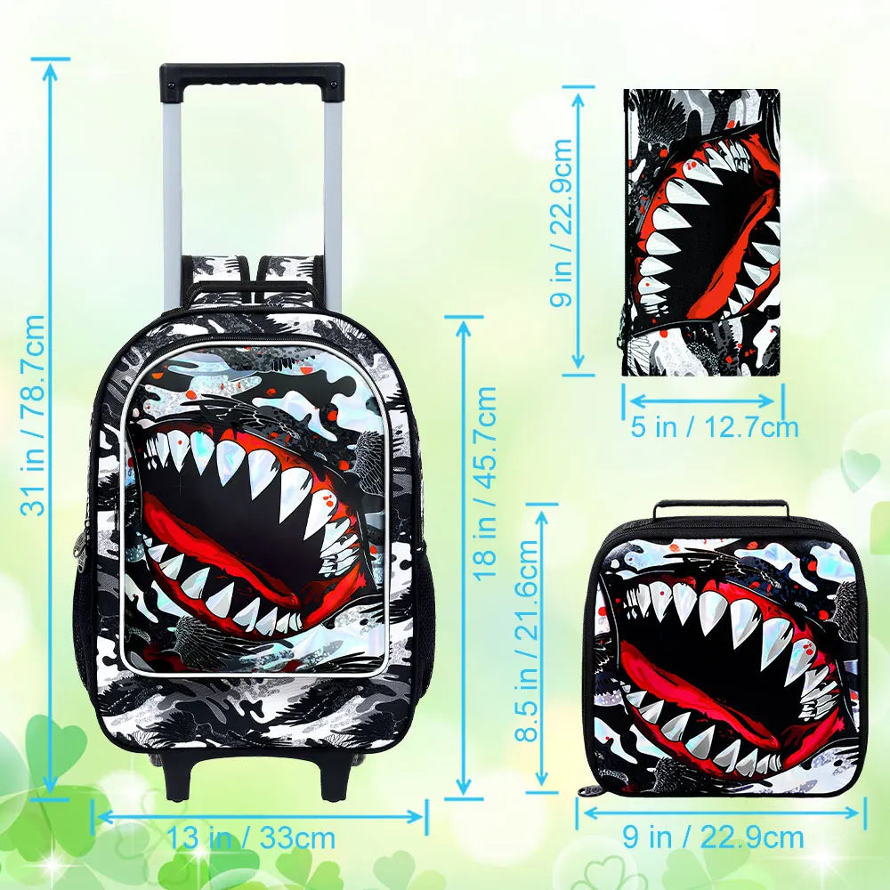 3PCS Shark Rolling Backpack for Boys | Kids Wheeled School Bag