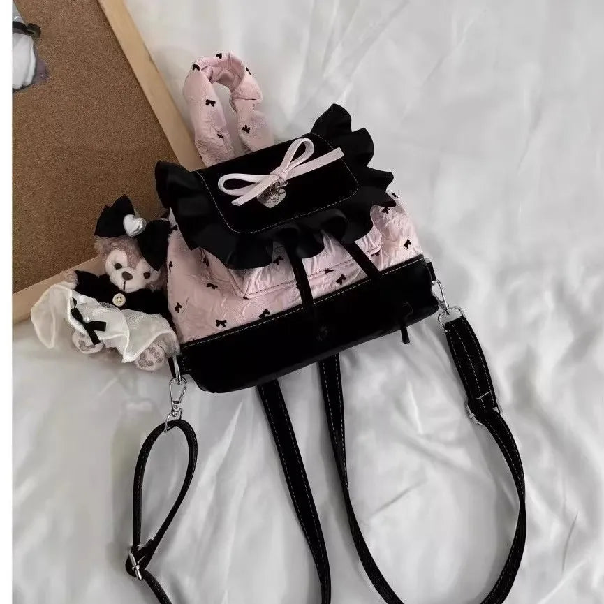Stylish Black Pink Bow Ruffled Backpack for Women & Girls