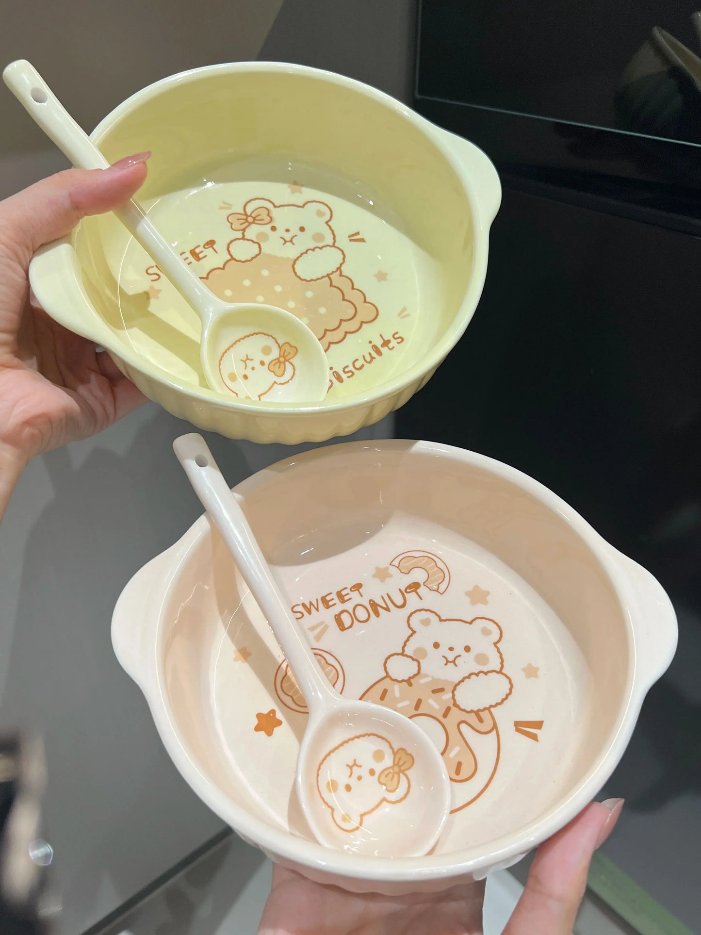 Large-Capacity Ceramic Bowl Set with Handles & Spoon for Kitchen