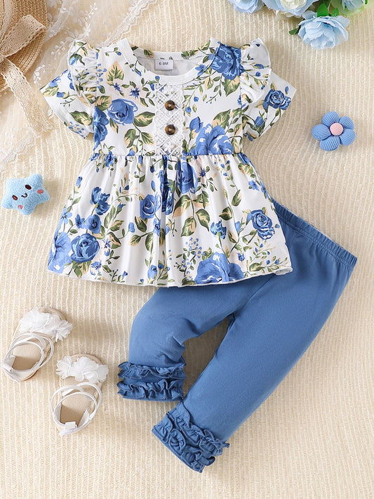 Baby Girl Floral Ruffle Top & Lace Trim Pants Set | Cute 2pc Outfit