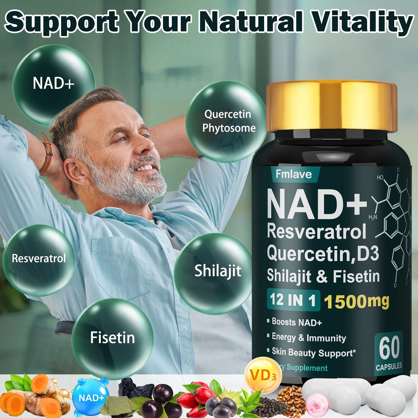 Fmlave NAD+ Resveratrol, Shilajit & Fisetin, Quercetin, D3,  – 12-in-1  Enhance Cellular Vitality and  Energy, Immunity & Skin Beauty  60 Capsules