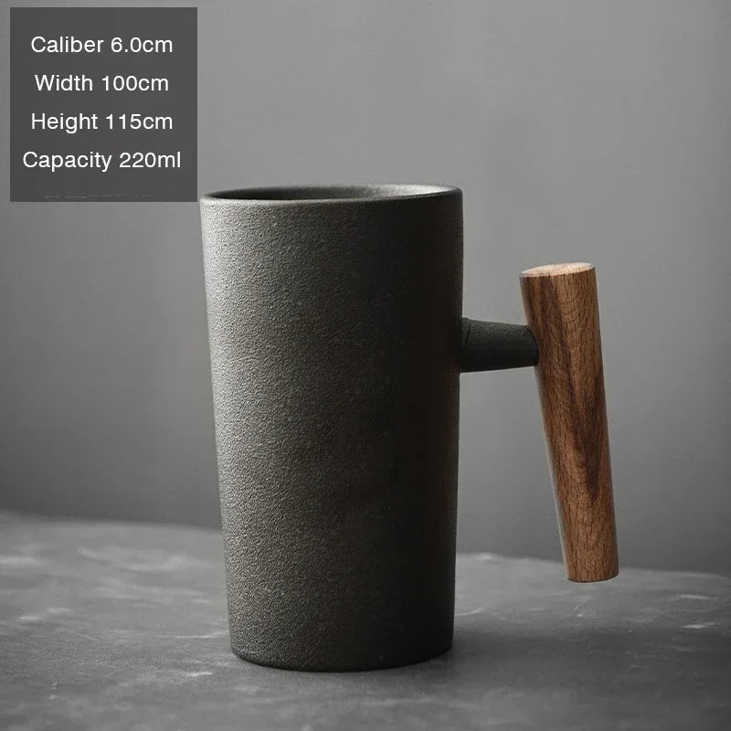 Handmade Stoneware Coffee Cup with Wooden Handle | Vintage Style Mug