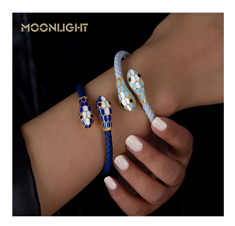 MOONLIGHT Classic Style Double Snake Head Cuff Bangles for Women Genuine Braided Leather Bracelets Female Fashion Jewelry Gifts