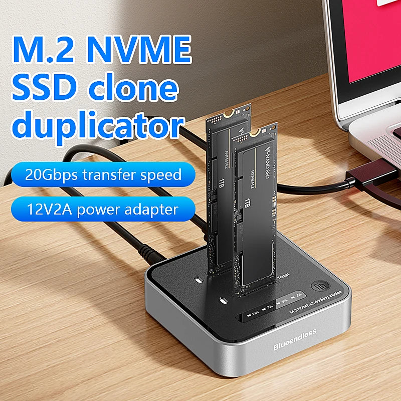 Dual-Bay M.2 NVMe SSD Cloning Dock | Fast USB 20Gbps Reader