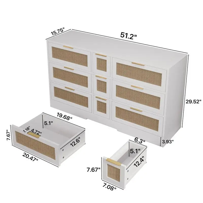 51.2” White Rattan Storage Locker with 9 Drawers & Elegant Design