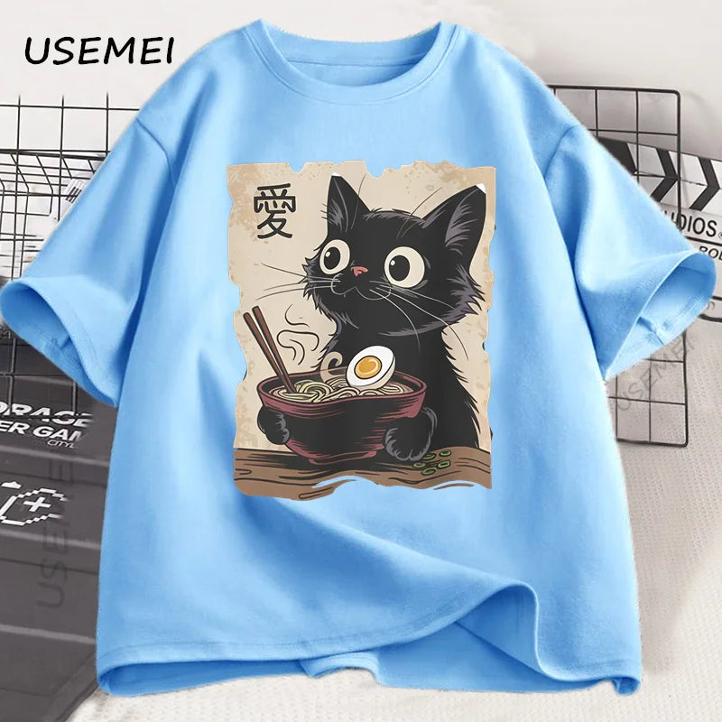 Funny Cat Ramen Graphic Tee | Kawaii Anime Cat T-Shirt