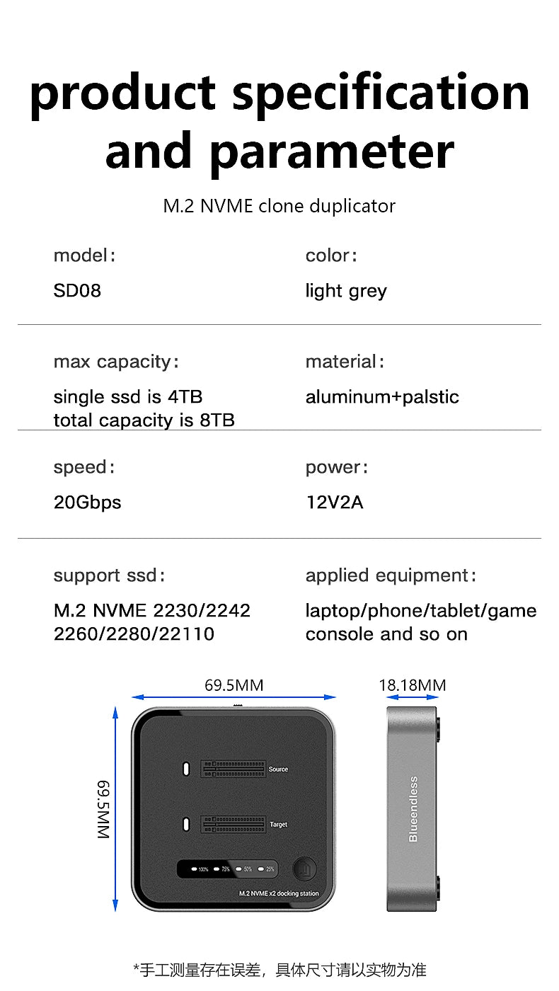 Dual-Bay M.2 NVMe SSD Cloning Dock | Fast USB 20Gbps Reader