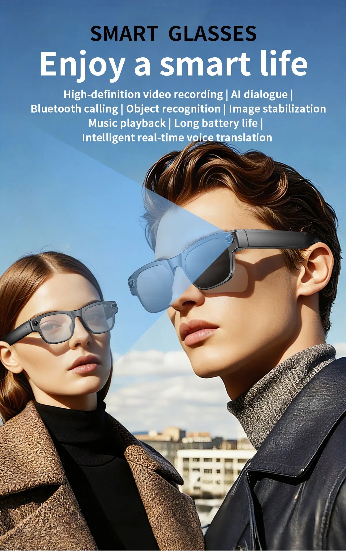 AI Smart Glasses with 8MP Camera & Multi-Language Translation