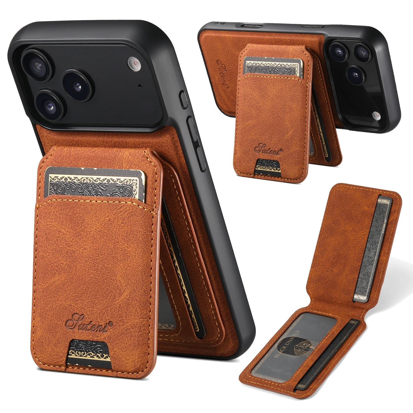 SUTENI Wireless Charging Phone Case Magnet Card Holder Stand Faux Leather For iPhone 17 Pro Max 16 Plus 15 14 13 12