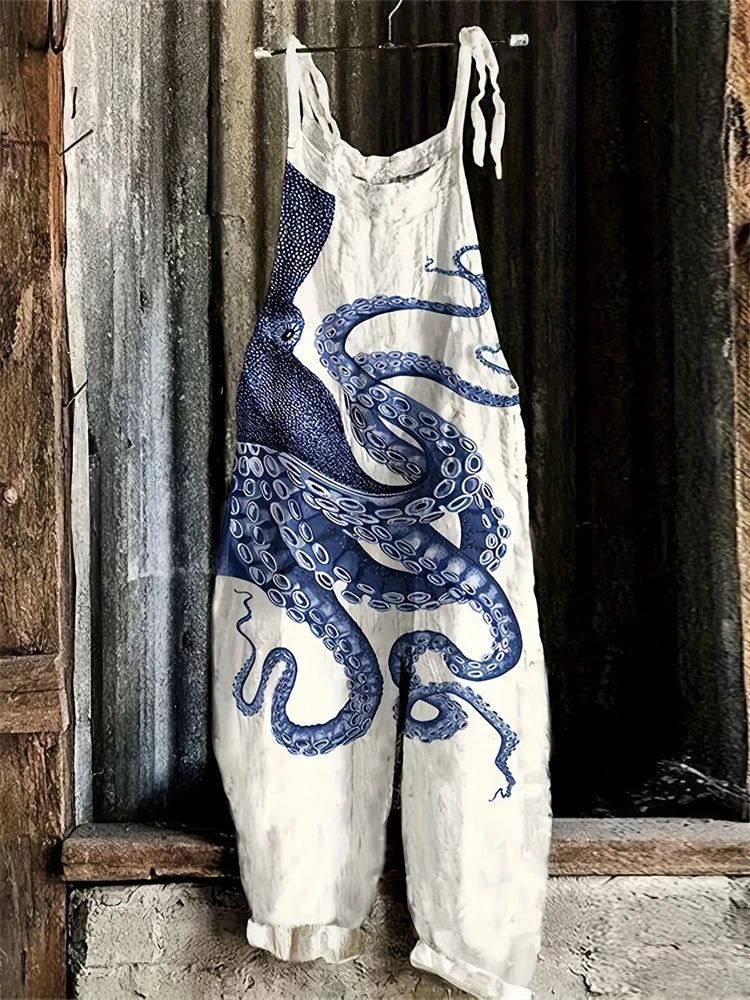 Stylish Women's Fish Print Suspender Jumpsuit for Summer Fun