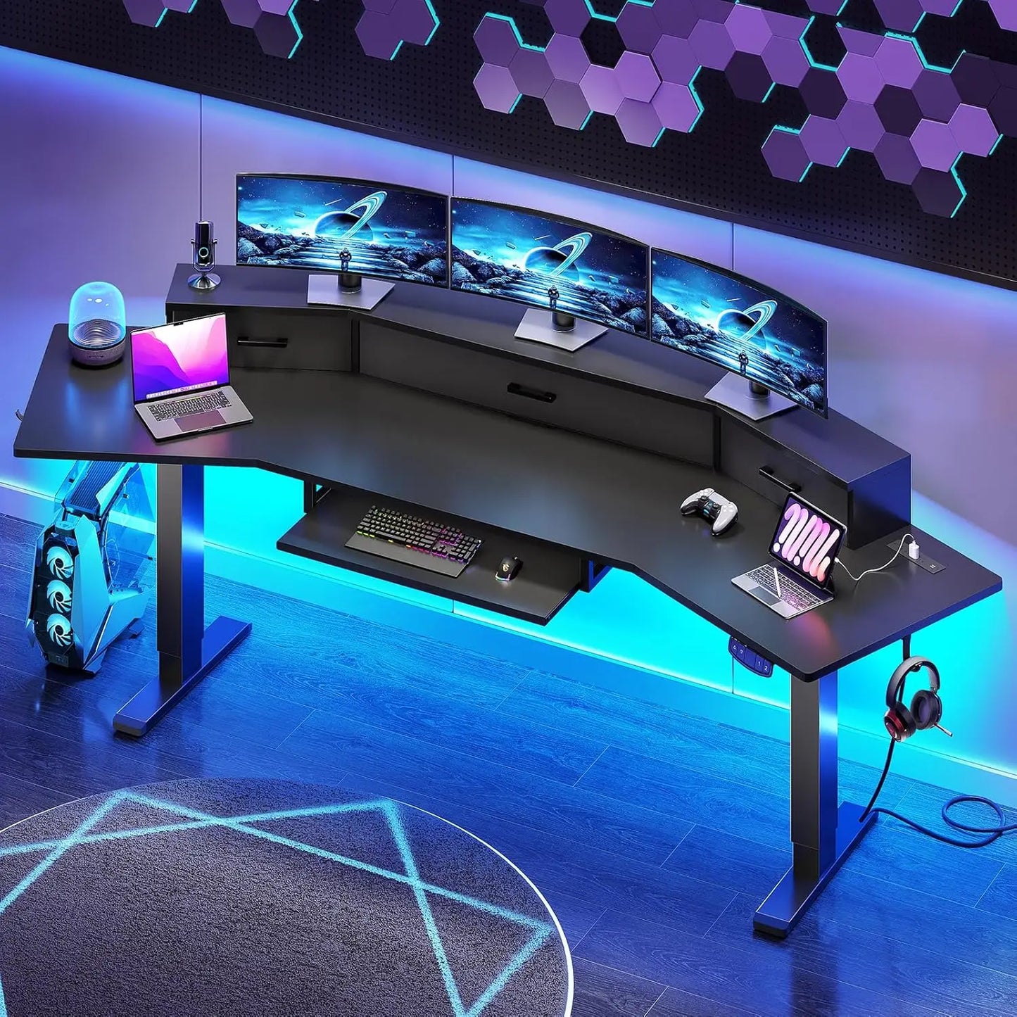 79'' Electric Standing Gaming Desk with LED Lights & Drawers