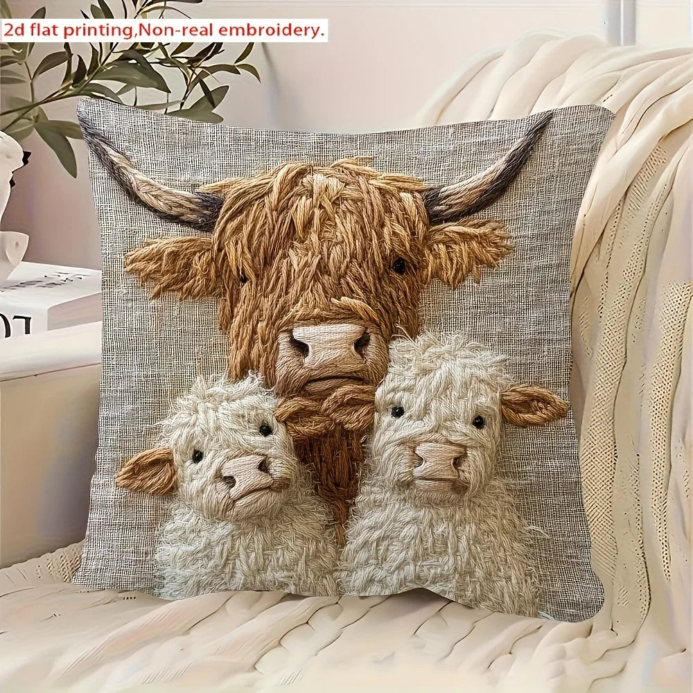 Retro Highland Cow Pillowcase | Decorative Home Design Cover