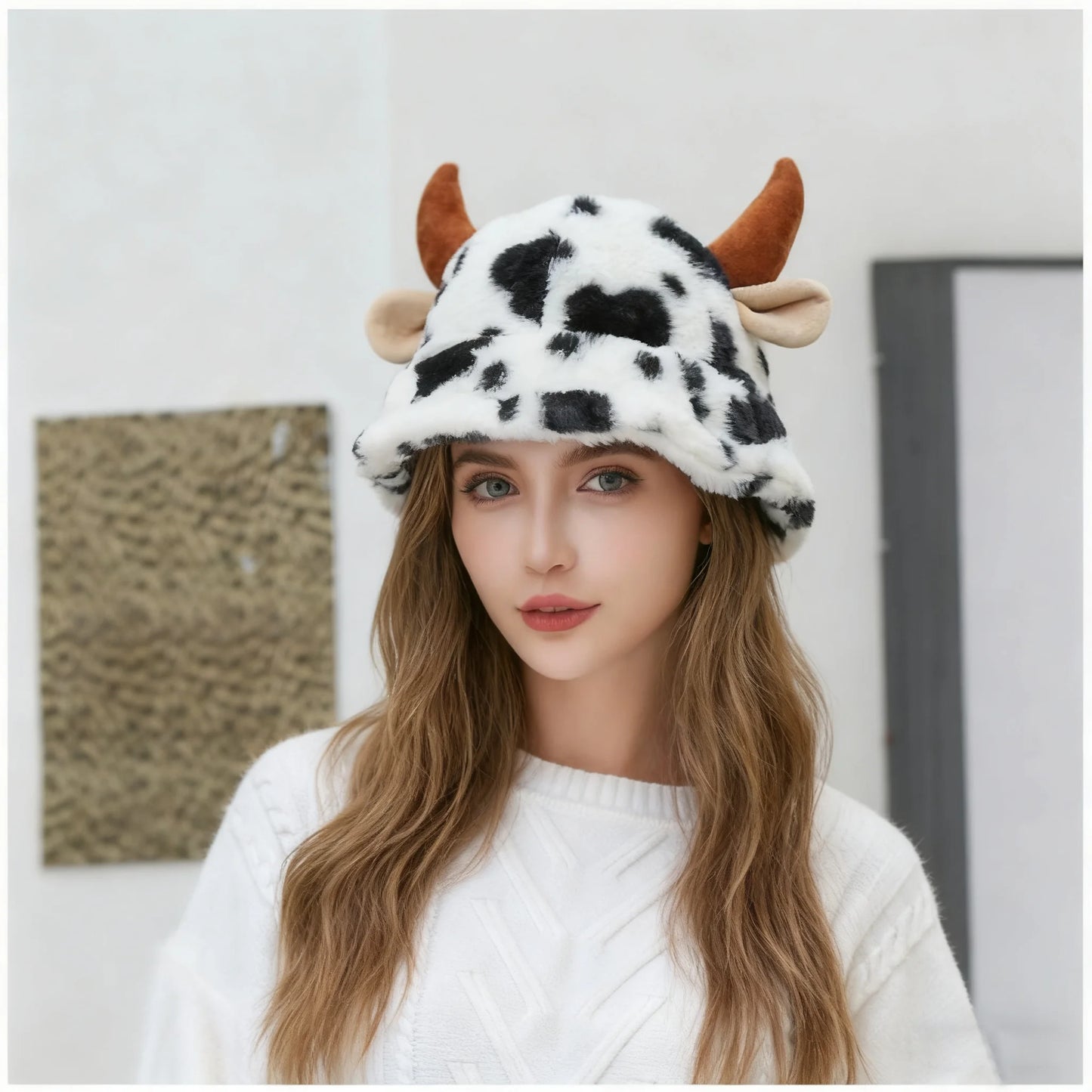 Women's Cow Print Fisherman Hat | Warm Fleece-Lined Bucket Hat