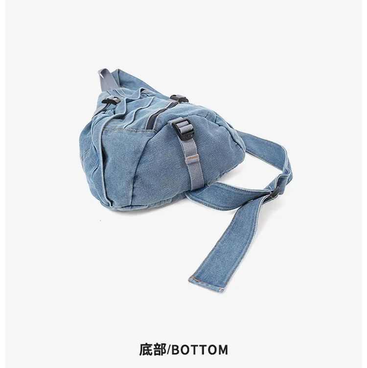 Vintage Washed Denim Sling Bag Man Woman Multifunction Retro Large Capacity Portable Motorcycle Chest Bag