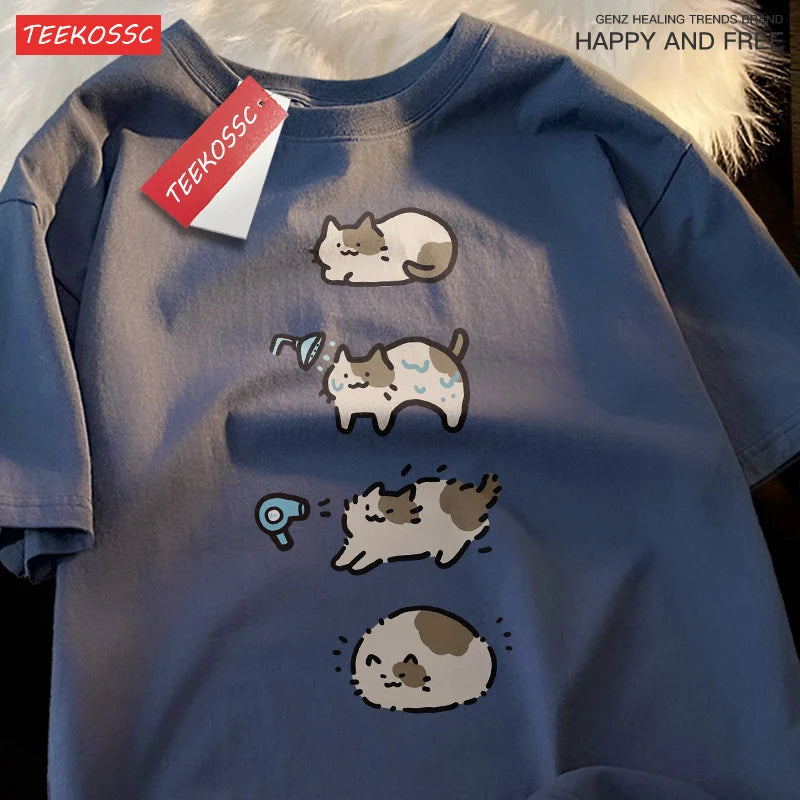Cute Cartoon Cat Short Sleeve T-Shirt | Summer Casual Unisex Tee
