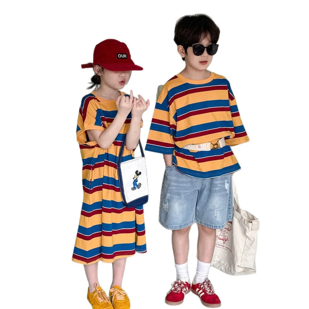 Children's Wide Striped Short-Sleeve T-Shirt for Summer Fun