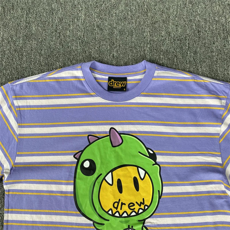 Men's Oversized Striped Dinosaur Smiley Print T-Shirt | Casual Cotton Tee