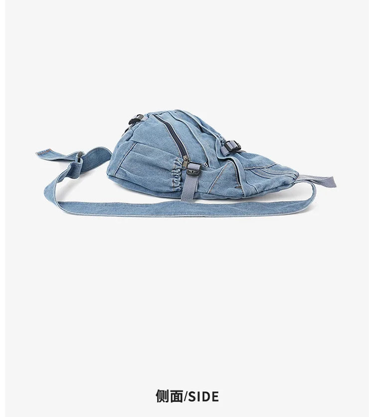 Vintage Washed Denim Sling Bag Man Woman Multifunction Retro Large Capacity Portable Motorcycle Chest Bag