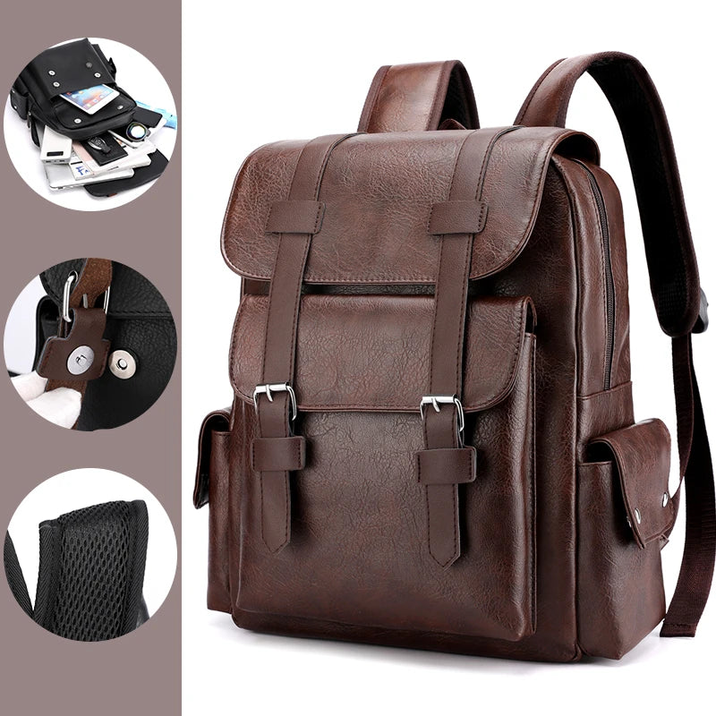 Men's PU Leather Backpack | Stylish Schoolbag for Laptops