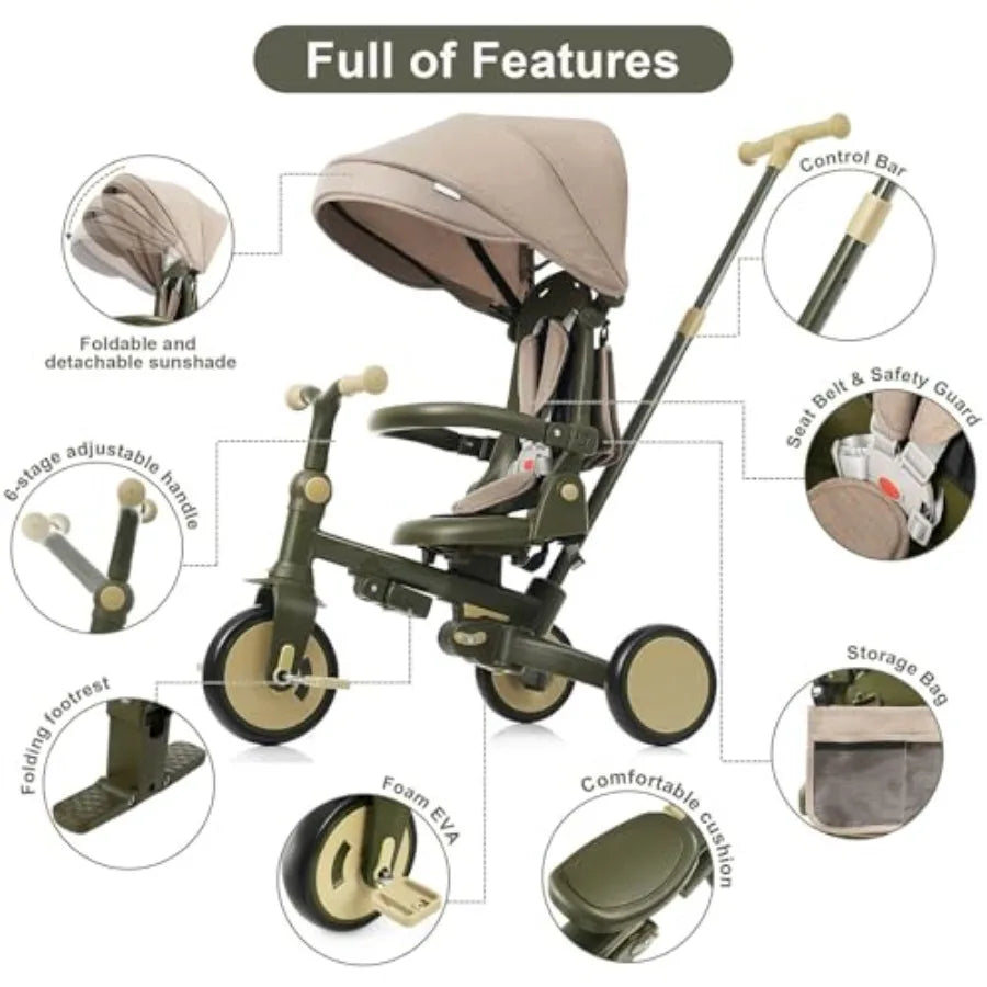7-in-1 Foldable Toddler Tricycle | Adjustable Handle, Removable Pedals