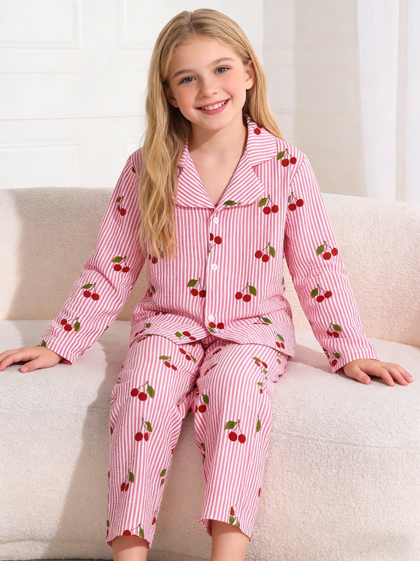 Girls' Cherry Sleepwear & Pants Set | Cozy Home Wear for All Seasons