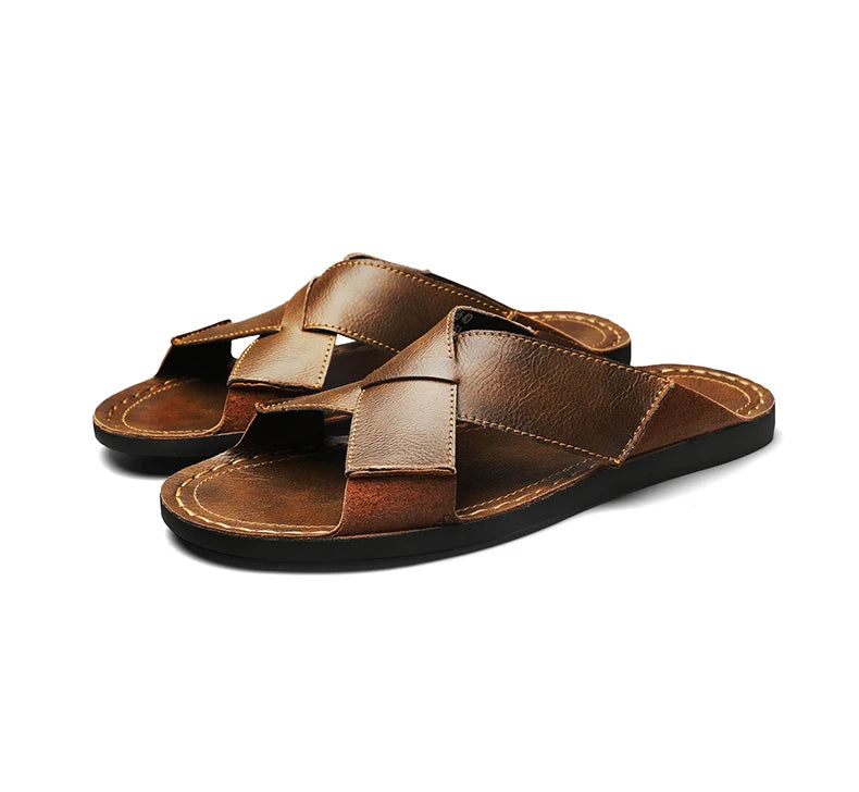Plus Size Men Leather Slippers Homes In Indoor Slippers Summer Open Toe Sandals Comfy Antiskid Soft Bottom Casual Walking Shoes