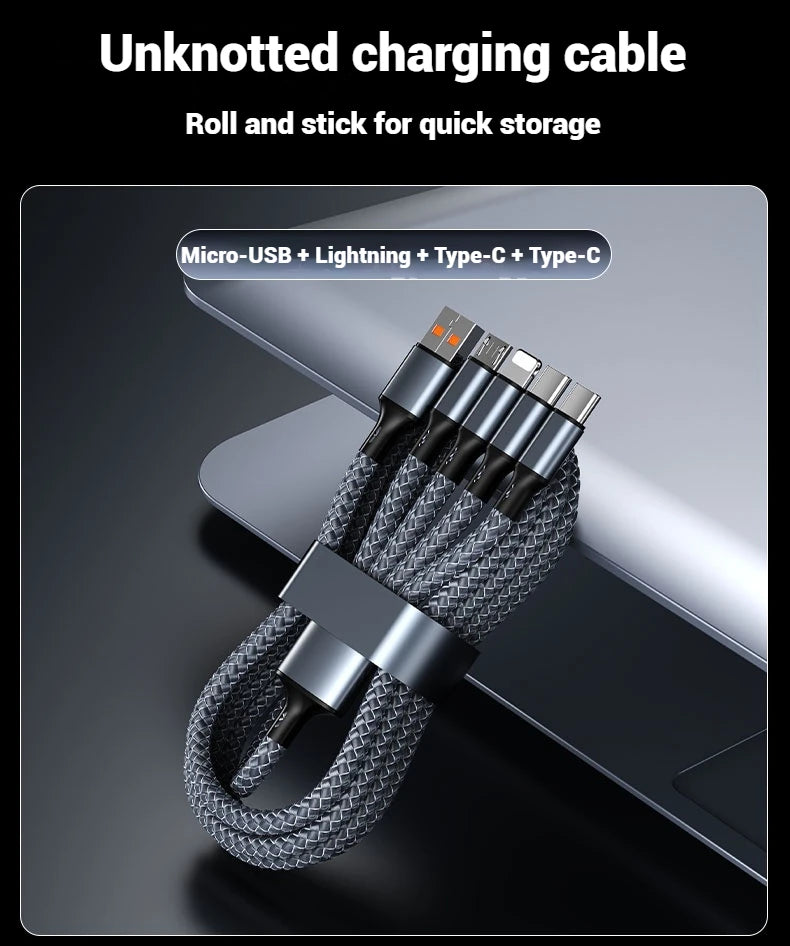 4-in-1 Multifunctional Charging Cable Supports USB-A to USB-C, Micro USB, and Braided Cables for Charging Multiple Devices