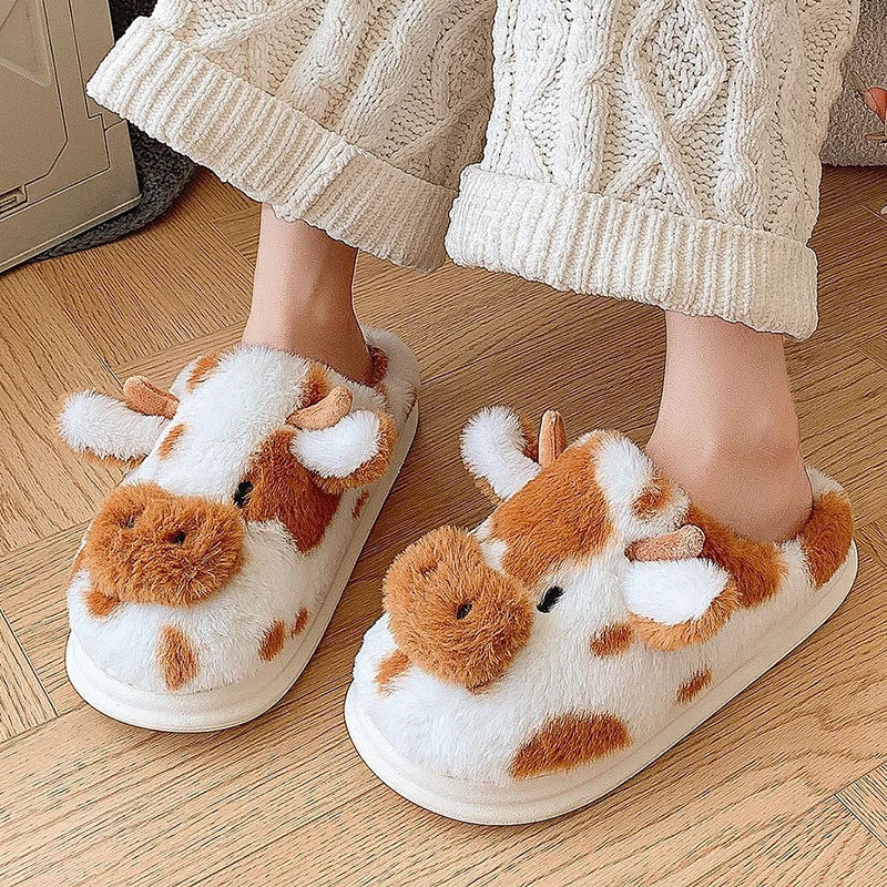 Women's Cute Cartoon Cow Plush Slippers | Warm Indoor House Shoes