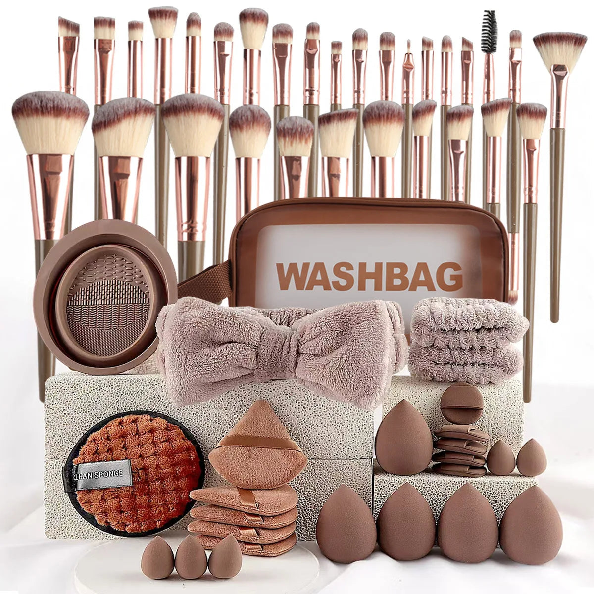 56 Piece Makeup Brush Set (Chocolate) – Full Face Cosmetics Kit with Wool Fiber Brushes, Eyeshadow Blending Brushes & Beauty Sponges