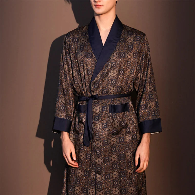 Spring Summer New Mens Robe Printed Bathrobe Kimono Gown Silky Satin Male Sleepwear Night Clothes Loose Casual Homewear Pajama