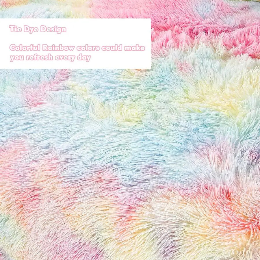 Pink Faux Fur Rainbow Tie-Dye Comforter Set | Cozy Bedding for Girls
