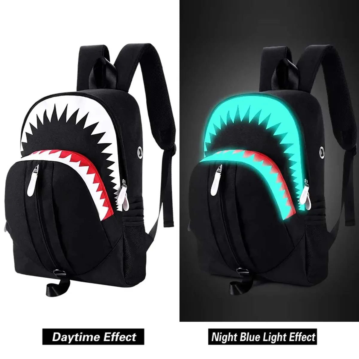 Luminous Shark Mouth Backpack | USB Laptop Travel Bag for Teens